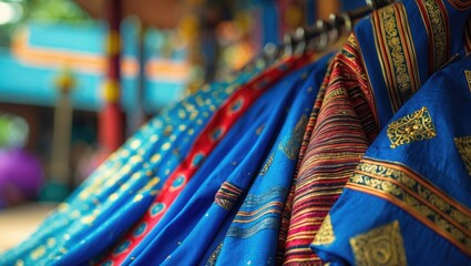 Poster - Vibrant close-up of Thai mauhom fabric featuring intricate patterns and rich blue hues showcasing traditional craftsmanship and cultural heritage.