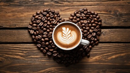 Aufkleber - Coffee cup surrounded by roasted beans arranged in a heart shape on a rustic wooden table perfect for cozy cafe themes.