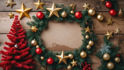 Poster - Christmas decoration wreath featuring a red tree and golden ornaments on a wooden background with ample copy space for festive messages.
