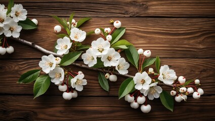 Poster - white cherry blossom branch with fresh green leaves and unopened fruit on wooden background