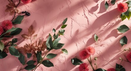 Wall Mural - Floral arrangement with pink background featuring green leaves and red flowers casting shadows on textured surface