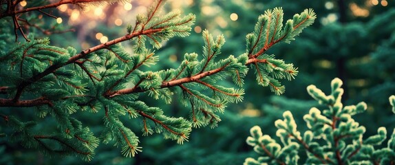 Poster - close-up view of evergreen tree branches with lush green needles and soft sunlight filtering through