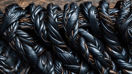Poster - detailed close-up of intertwined black leather strands displaying intricate braided structure agains