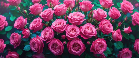 Poster - vibrant arrangement of pink roses with lush green foliage in a garden setting illuminated by soft li