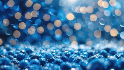 Poster - blue bokeh background with shiny decorative beads and blurred lights creating a festive atmosphere