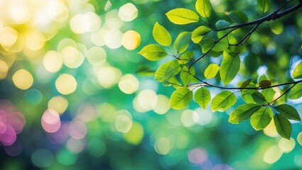 Poster - Green leaves with bokeh effect in soft focus background creating a natural and fresh atmosphere in a bright outdoor setting