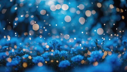 Poster - Close-up view of blue flowers with soft bokeh lights and out-of-focus background creating a dreamy atmosphere in nature photography.