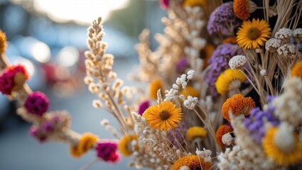 Poster - colorful dried flowers arrangement with yellow, purple, and pink blooms in soft focus background at 
