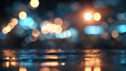 Poster - colorful bokeh lights reflecting on wet surface at night creating an abstract background with soft f