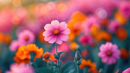 Poster - close-up of pink flower surrounded by colorful blossoms in a vibrant flower field during sunset ligh
