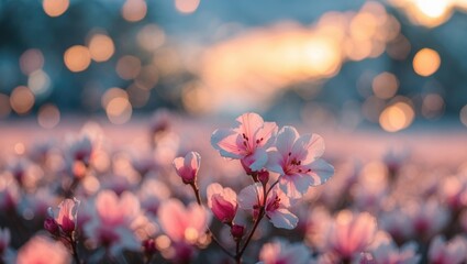 Poster - Delicate pink cherry blossoms in a field with soft blurred background and warm bokeh effect during sunset hour