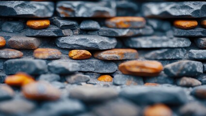 Poster - close-up view of stacked gray stones featuring scattered orange pebbles creating a textured backgrou