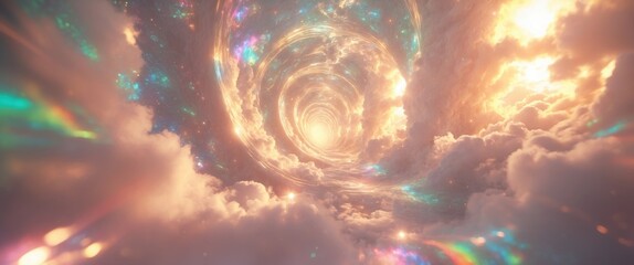 Poster - Abstract swirling tunnel of light and clouds with vibrant colors and cosmic elements illustrating a dreamlike atmosphere.