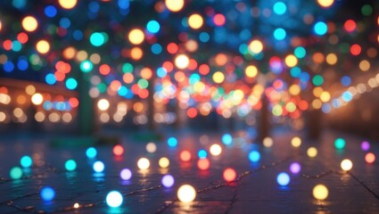 Poster - Colorful bokeh lights illuminating a street scene during night with vibrant reflections on pavement
