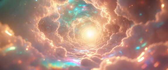 Poster - colorful abstract tunnel with clouds and bright light at the end, digital artwork representing a sur