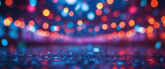 Poster - colorful bokeh lights blurred background with reflections on wet surface at night decorated with vib