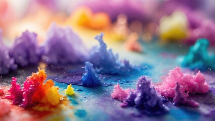 Poster - Colorful abstract landscape created with salt crystals in various hues including pink, purple, blue, and yellow on a blurred background