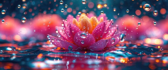 Poster - pink water lily with dew droplets on petals, vibrant colors, reflections in water, blurred backgroun
