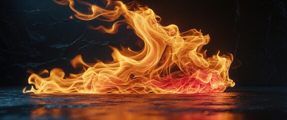 Poster - realistic flames on dark textured background with reflections capturing the dynamic movement and ene