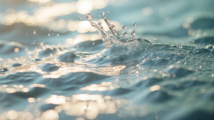 Poster - water droplets splashing on the surface of clear water with soft reflections and ripples in a tranqu