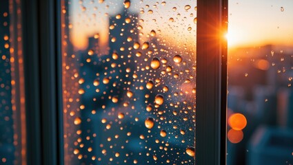 Poster - window with water droplets in sunlight against a blurred urban skyline during sunset capturing refle