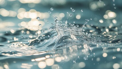 Poster - water droplets splashing on a surface with bokeh effect creating shimmering light reflections in a s