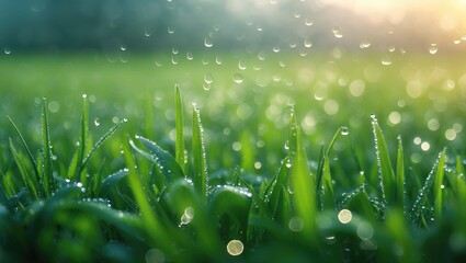 Poster - close-up view of dewy green grass blades with water droplets and blurred background showing soft sun