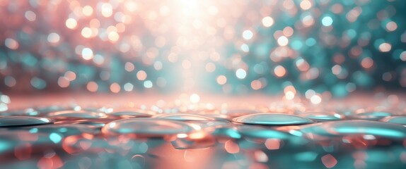 Poster - abstract background with droplets on surface bokeh light in pink and turquoise tones blurred environ