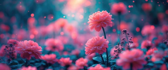 Poster - vibrant pink flowers in a lush garden with soft bokeh background and warm light creating a magical a