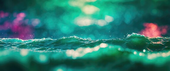 Poster - Abstract ocean waves with bokeh background in shades of green and turquoise creating a tranquil marine atmosphere