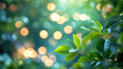 Wall Mural - Green leaves in focus with a blurred bokeh background of soft glowing light orbs in a natural outdoor setting