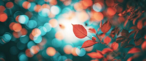 Poster - close-up of vibrant autumn leaves in shades of red and orange against a blurred background of blue a