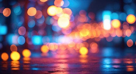 Poster - Abstract bokeh light background with colorful circles in shades of blue and orange reflecting on a wet surface at night.