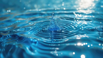 Poster - Water splash creating ripples on a clear blue surface with reflections of light in a tranquil setting