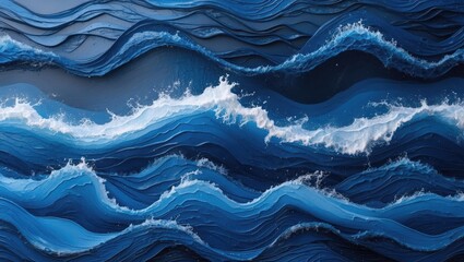 Poster - Abstract textured ocean waves in shades of blue with foam cresting over layered surfaces creating dynamic movement and depth
