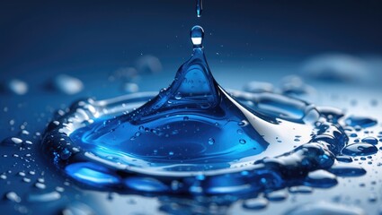 Poster - Blue water droplet creating ripples in a calm body of water with a blurred background and reflections of light.