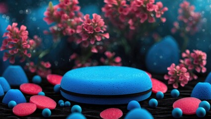 Poster - Colorful abstract composition featuring vibrant blue and pink shapes with flowers against a dark background.