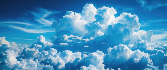 Poster - fluffy white cumulus clouds against a clear blue sky with wispy cirrus clouds in the background duri