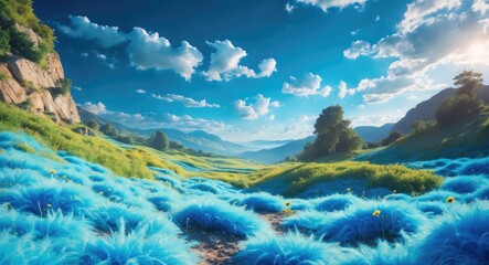 Wall Mural - colorful surreal landscape with vibrant blue grass, rocky formations, fluffy clouds, and mountainous