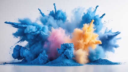 Poster - Colorful powder explosion creating vibrant clouds of blue, pink, yellow and orange against a white background