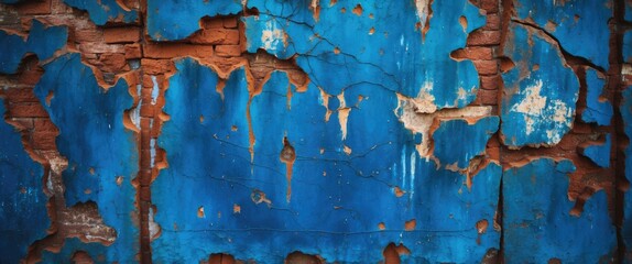 Poster - textured peeling blue wall with exposed brick and uneven surface details showcasing signs of age and