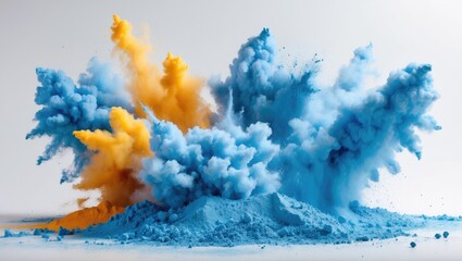 Poster - Blue and orange colored powder explosion on a white background creating dynamic texture and visual contrast