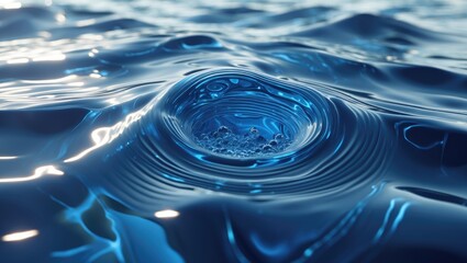 Poster - close-up view of water surface with ripples and bubbles creating a circular formation in blue liquid