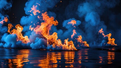 Poster - fire and smoke on water surface during nighttime creating a dramatic and colorful visual effect with