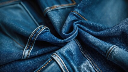 Poster - Close-up of twisted denim fabric displaying texture and intricate stitching details in various shades of blue