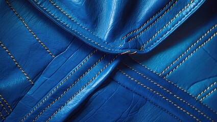 Poster - Close-up of detailed blue leather with contrasting yellow stitching highlighting textures and seams