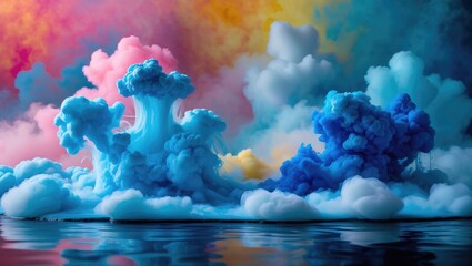 Poster - Colorful smoke clouds with reflections in water against a vibrant abstract background