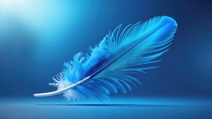 Poster - Blue feather with intricate details and vibrant color against a soft blue gradient background capturing a sense of lightness and elegance