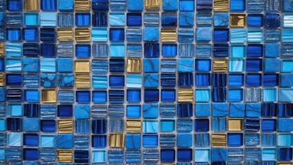 Poster - Colorful mosaic tile pattern consisting of various shades of blue and gold tiles arranged in a grid formation.