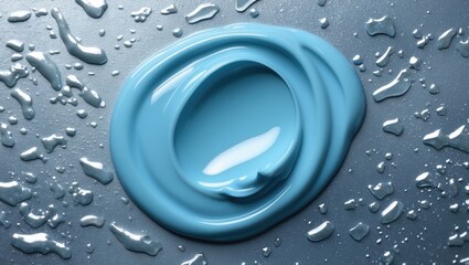 Poster - blue paint puddle with water droplets on gradient gray background texture